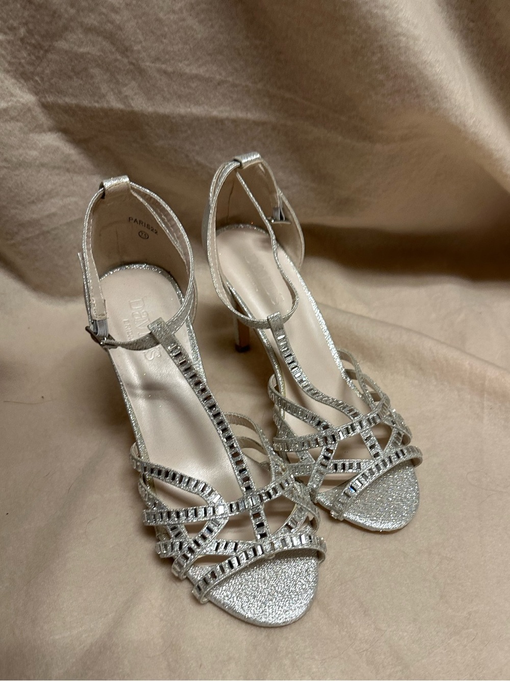 David's Bridal Silver Rhinestone T-Strap Heels
